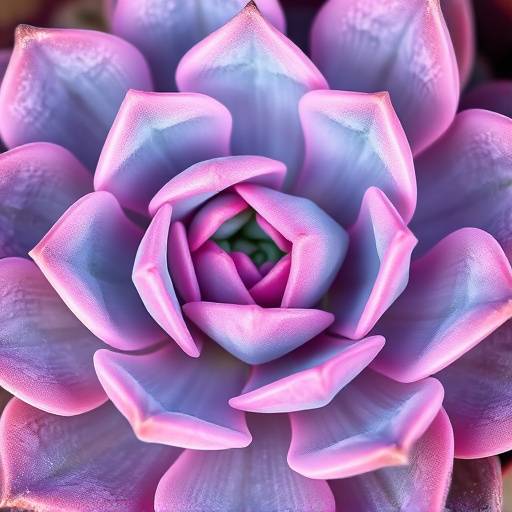 Close-up de uma suculenta Echeveria com folhas rosadas e azuis, mostrando sua textura ünica.