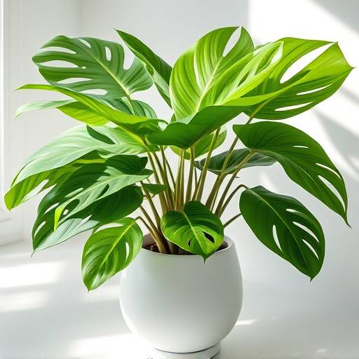 Foto de uma exuberante Monstera Deliciosa em um vaso de cerâmica branca.