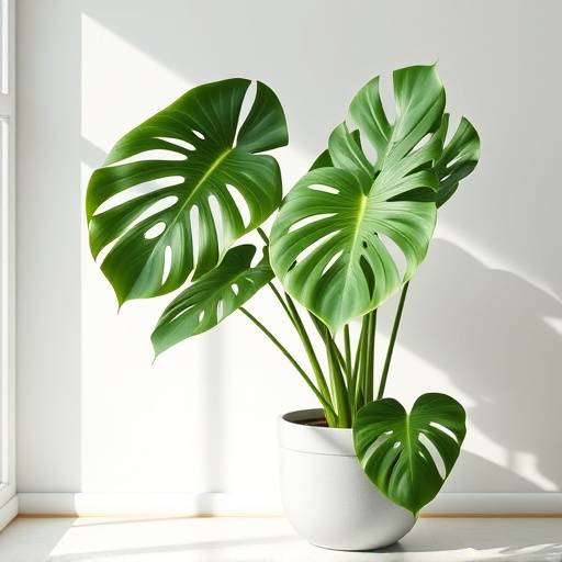 Foto de uma Monstera Deliciosa exuberante em um vaso moderno, com luz natural incidindo sobre suas folhas.
