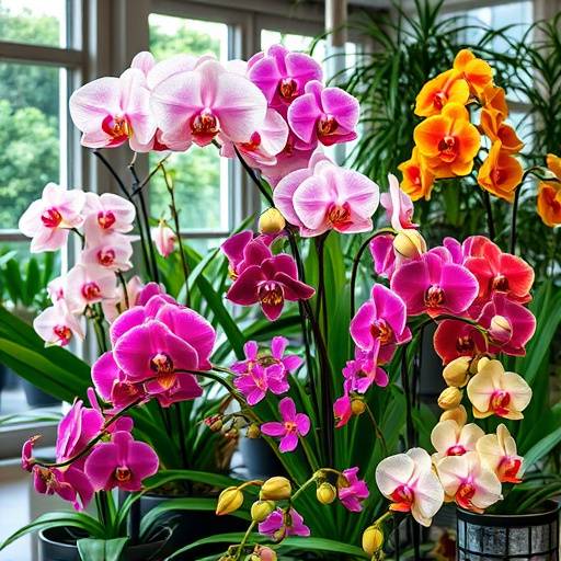 Fotografia de um jardim de orquídeas em um ambiente interno, com diversas espécies e cores, criando um visual elegante e sofisticado.