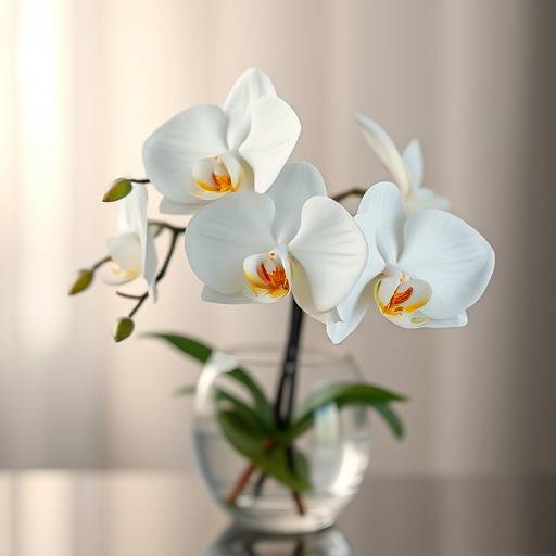 Fotografia de uma elegante orquídea Phalaenopsis branca em um vaso de vidro transparente.