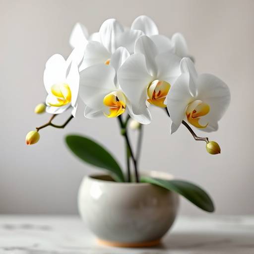 Fotografia de uma orquídea Phalaenopsis branca com detalhes amarelos em suas pétalas, em um vaso de cerâmica.