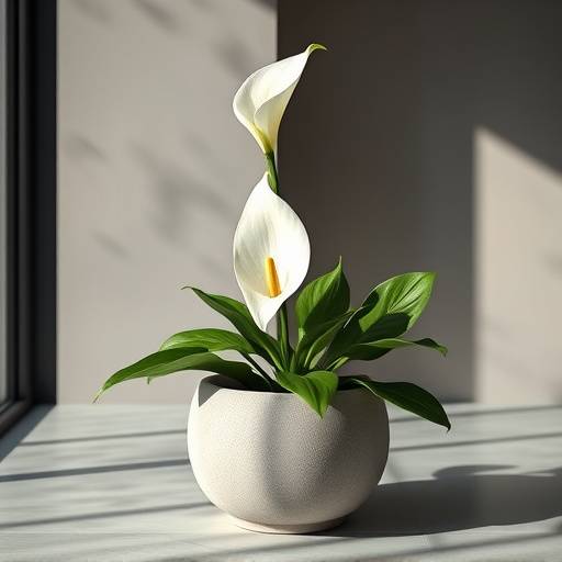 Imagem de um Lirio da Paz (Spathiphyllum) em um vaso moderno de concreto.