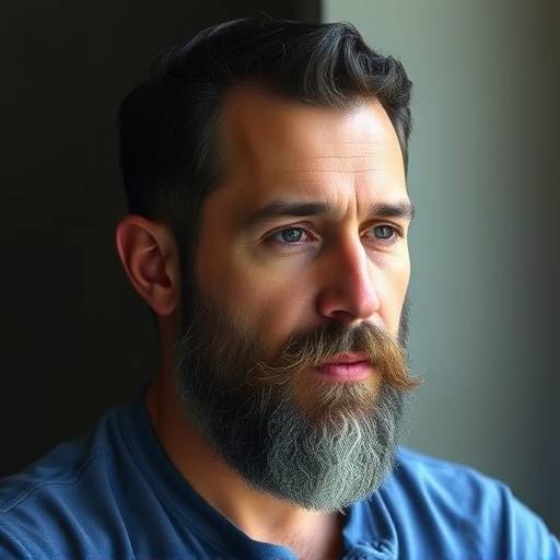 Retrato de Rafael Oliveira, com barba e camisa azul.